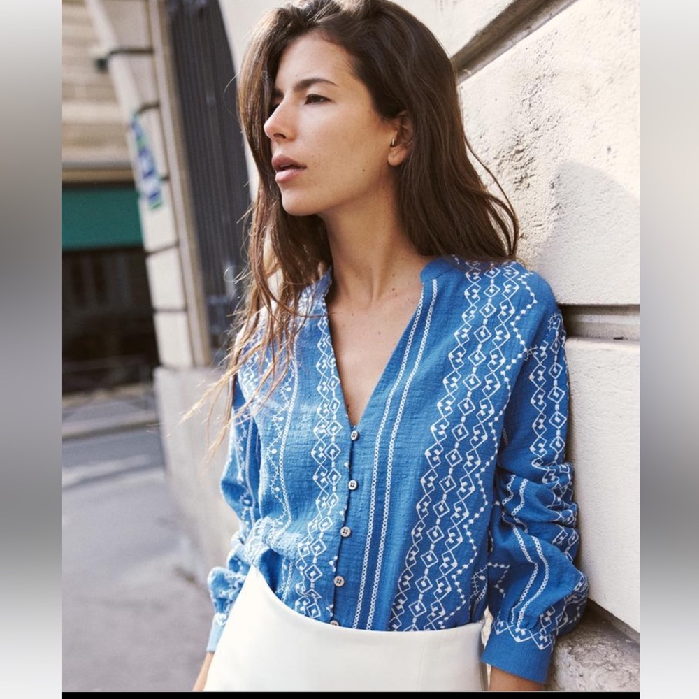 New Zara Blue and White Embroidered Blouse
